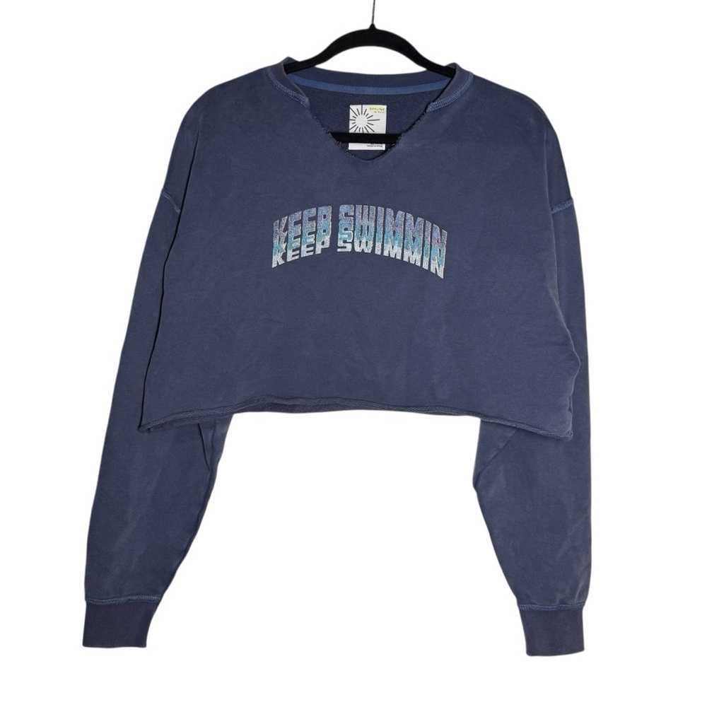 Aerie Offline Cropped Sweatshirt Keep Swimming V-Neck Navy Blue Size XS BOXY - Picture 1 of 8